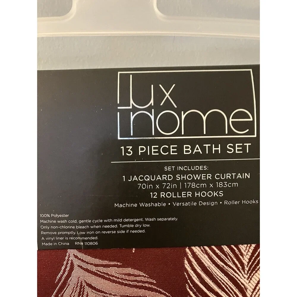 Lux Home Jacquard Shower Curtain With Roller Hooks NWT Leaf Design Fall